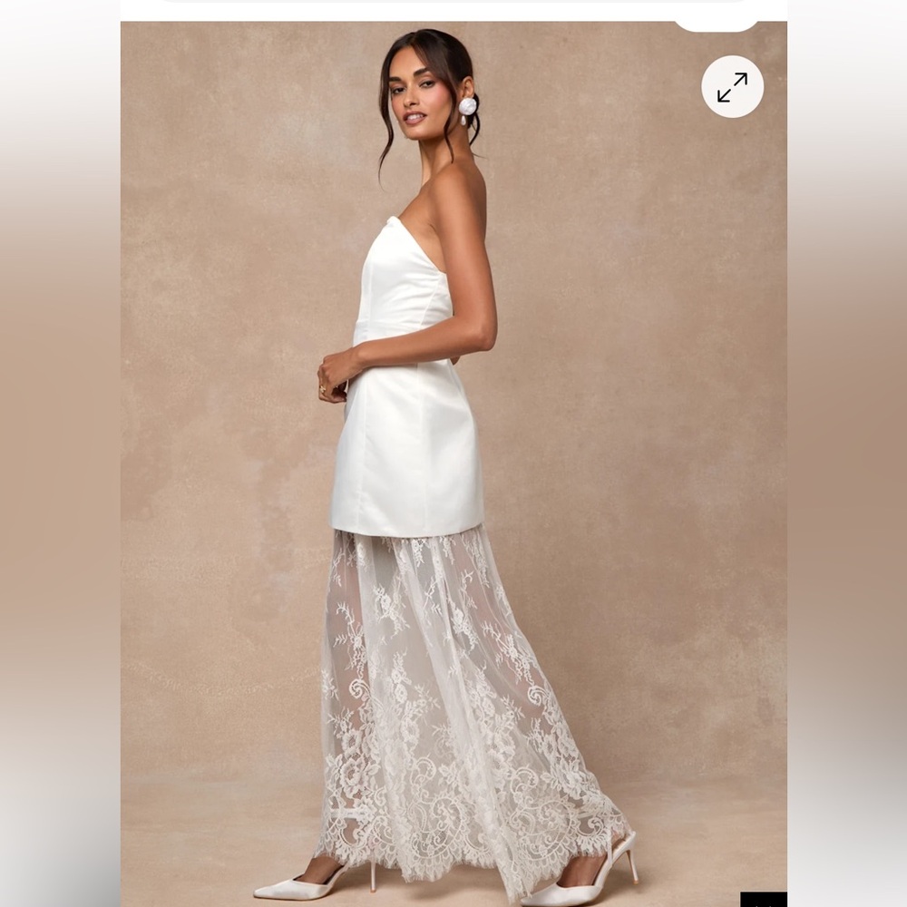 Lulus Winslet Strapless White satin sheer hem lace maxi Dress size M, XL new - Picture 3 of 9